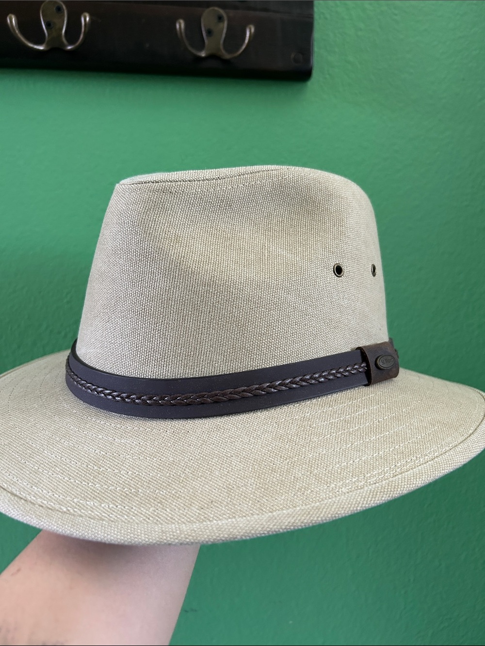 Saint Martin Khaki Safari Fedora with Dark Brown Leather Hat Band Size L